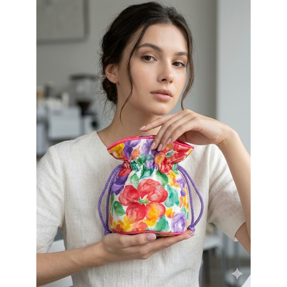 Oscar de la Renta Floral Drawstring Pouch Bag Cotton Cosmetic Travel Makeup Case